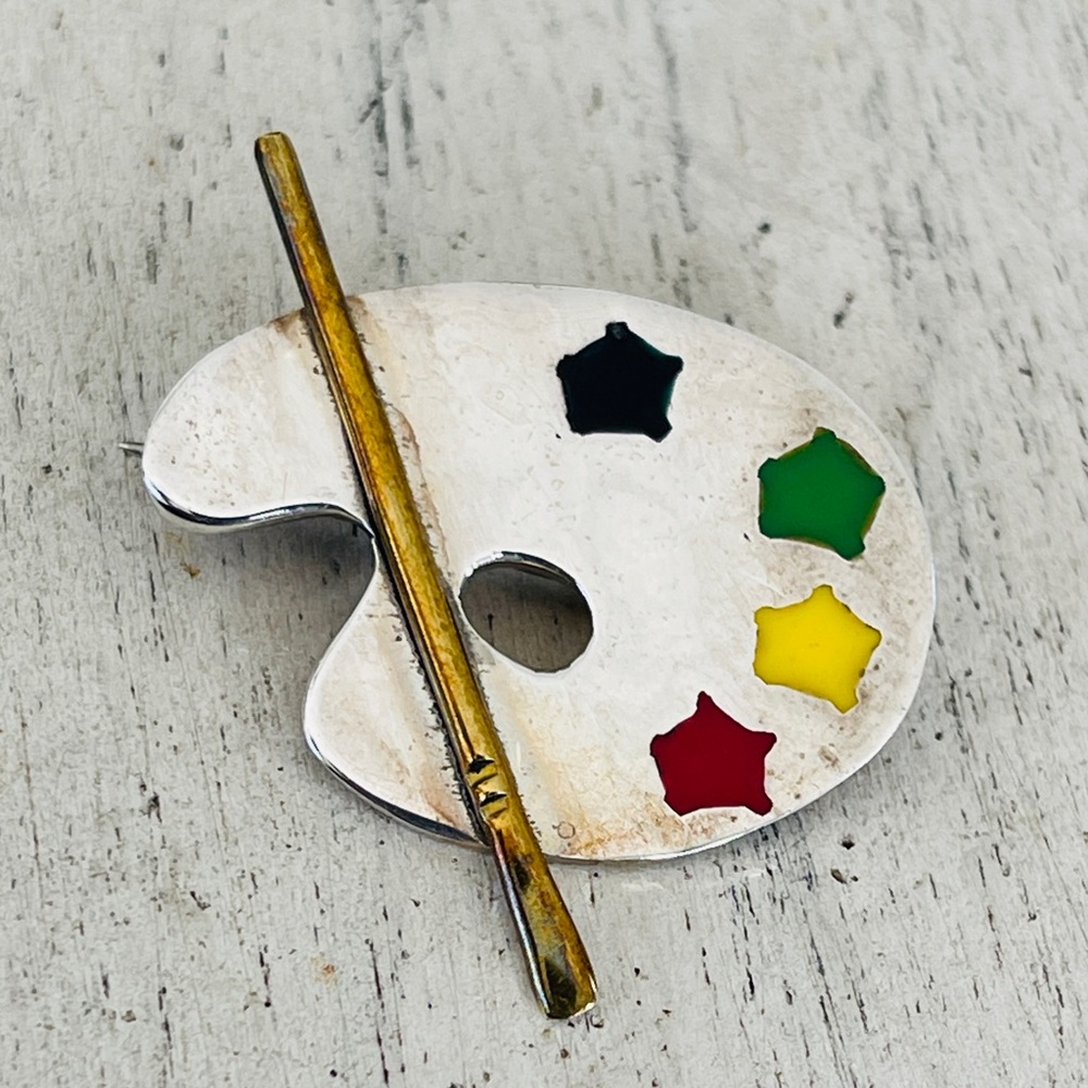 Vintage Artist Palette Silver and Enamel Brooch
